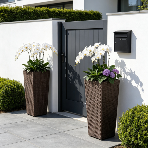 Set Of 2 Rattan Planters With Removable Inner Pots, Metal Frame Adjust