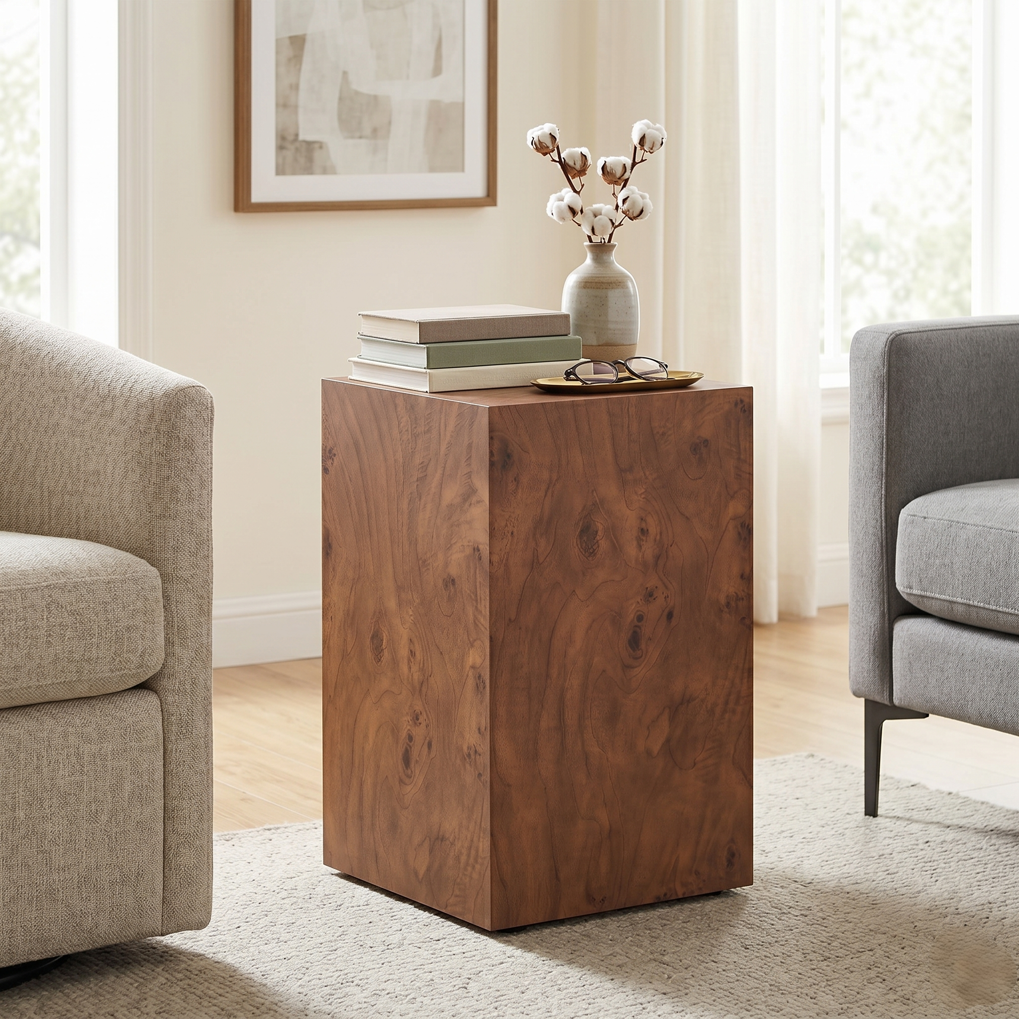 Premium Burl Walnut Veneer MDF Cube Table, Height Adjustable Multi-pur