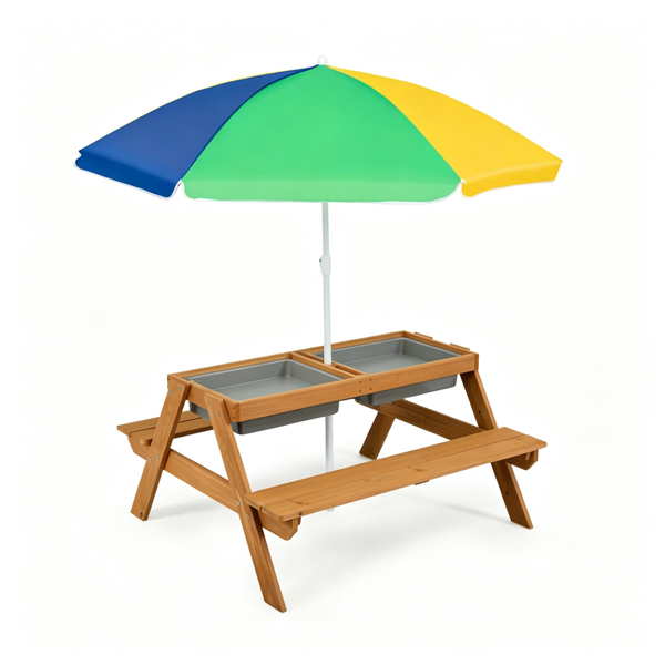 3-in-1 Kids Picnic Table With Adjustable Umbrella, Fir Wood Outdoor Ac