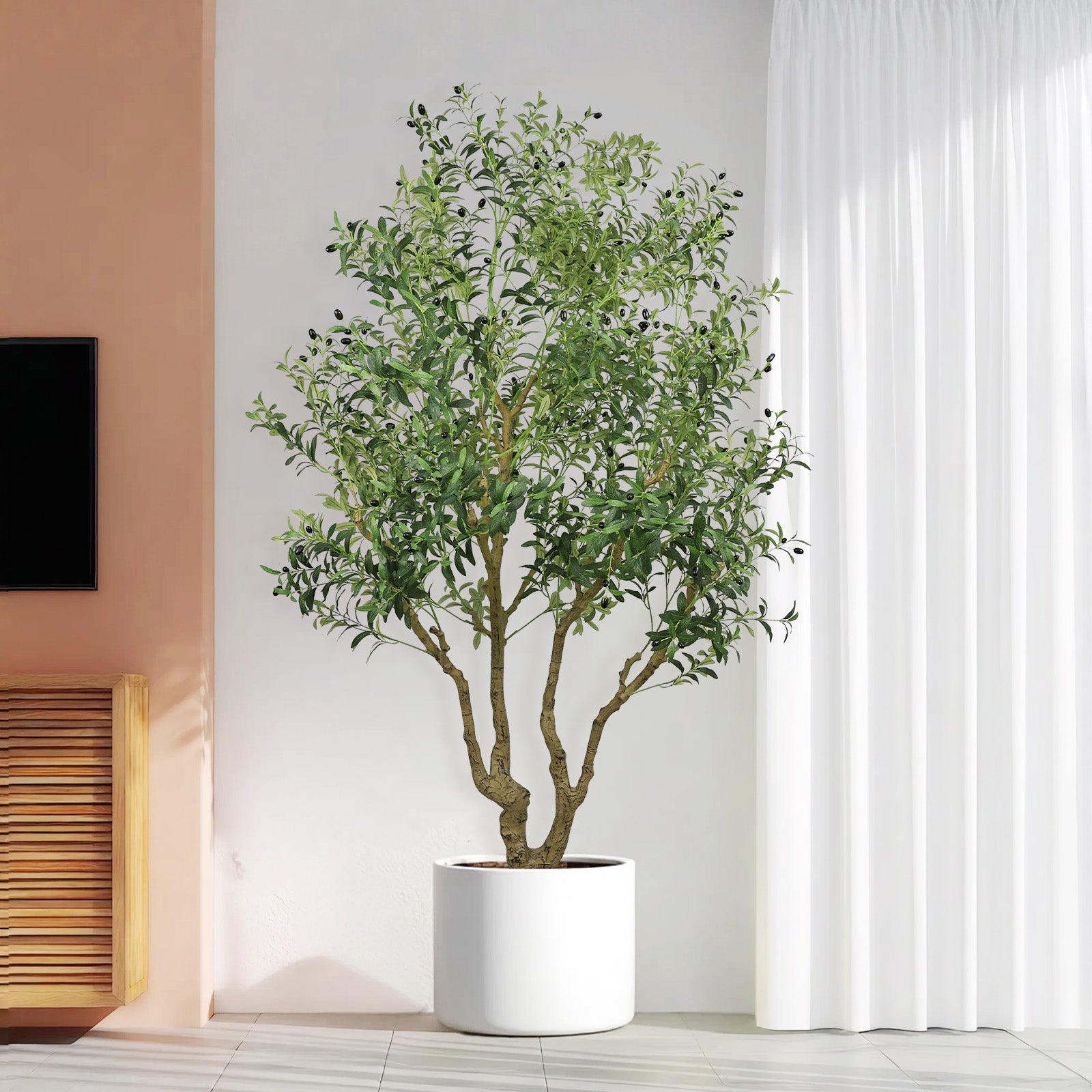 8FT Tall Artificial Olive Tree - Large Faux Potted Tree with Natural T