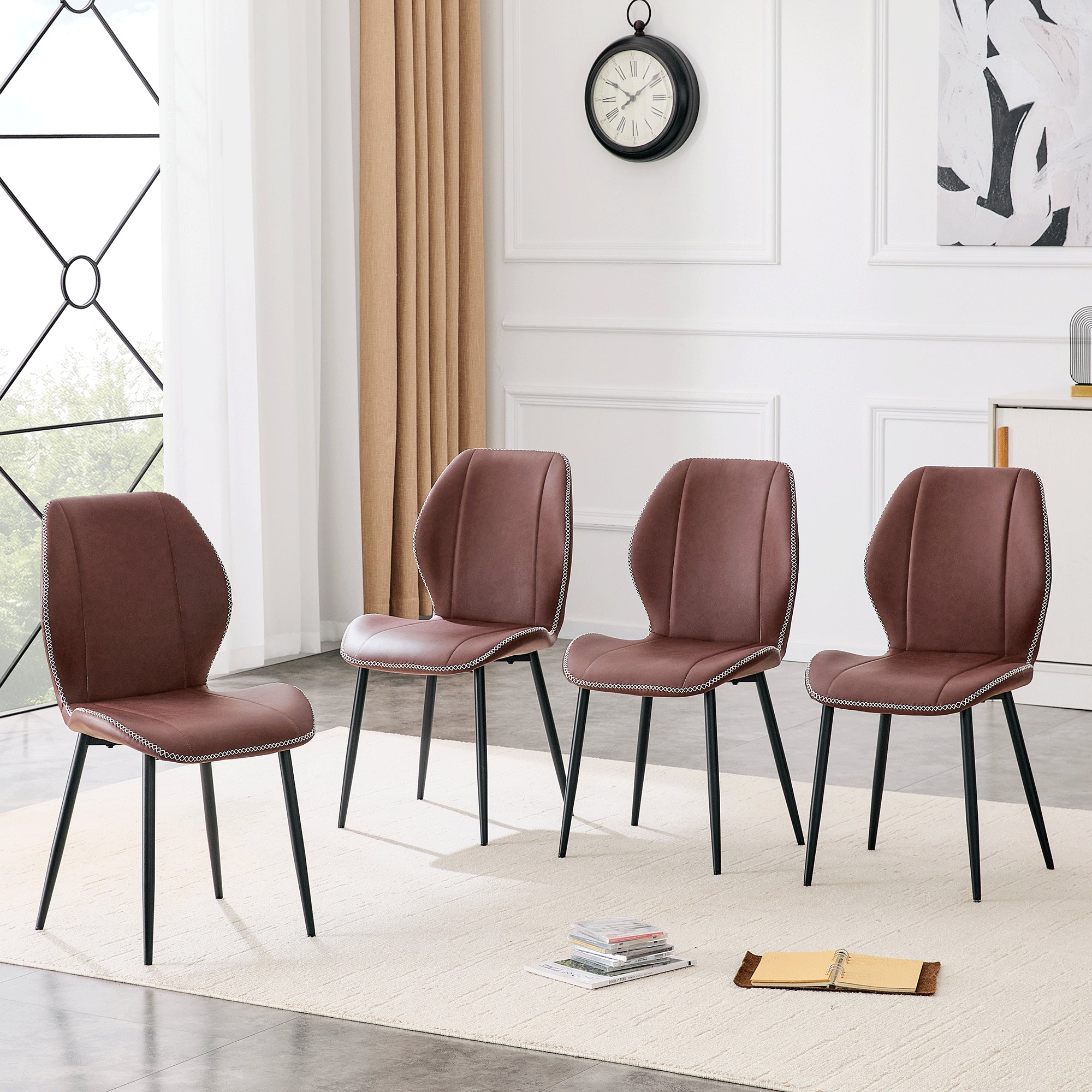 4-Pack Reddish-brown Light Luxury Household PU Leather Dining Chairs.