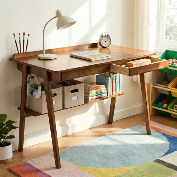 Solid Wood Writing Desk, Home Office Desk For Small Spaces, Mid Centur