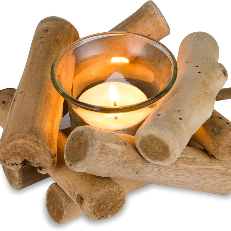 Wooden Tea Light Candle Holder With Glass Insert, Decorative Table Cen