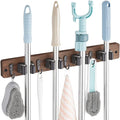 Wood Mop And Broom Holder Wall Mount, 4 Slots And 4 Hooks, Rustic Tool