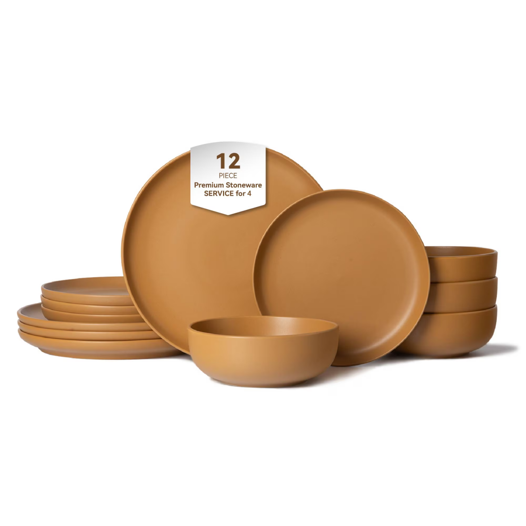 12-Piece Stoneware Dinner Plates Bowls Sets Microwave & Dishwasher Saf