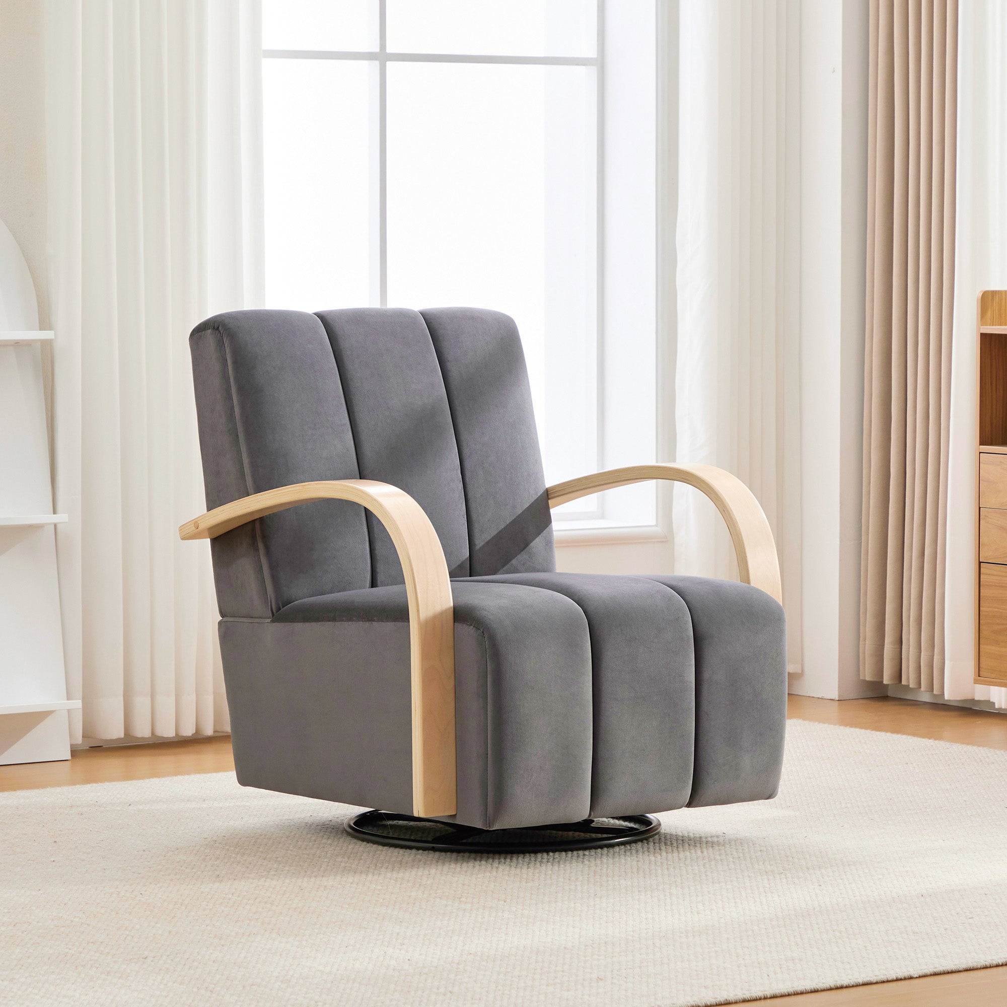 30.7 W Upholstered 360 Swivel Accent Chair With Solid Wood Armrests An
