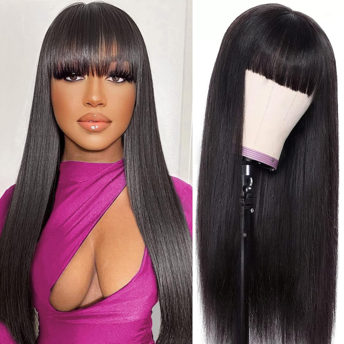 Machine-made Straight Human Hair Wig With Bangs, Natural Color, Densit