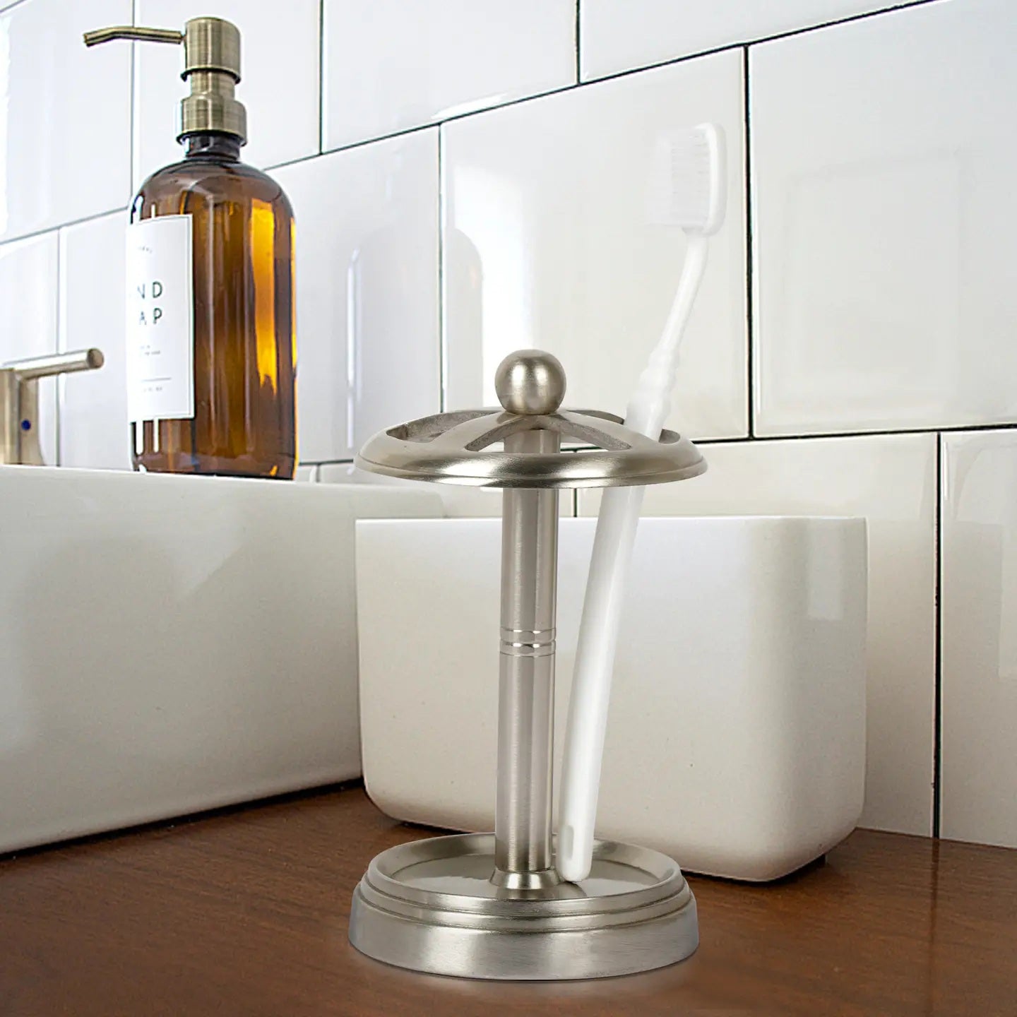 Stainless Steel Toothbrush Holder with Brushed Pewter Finish