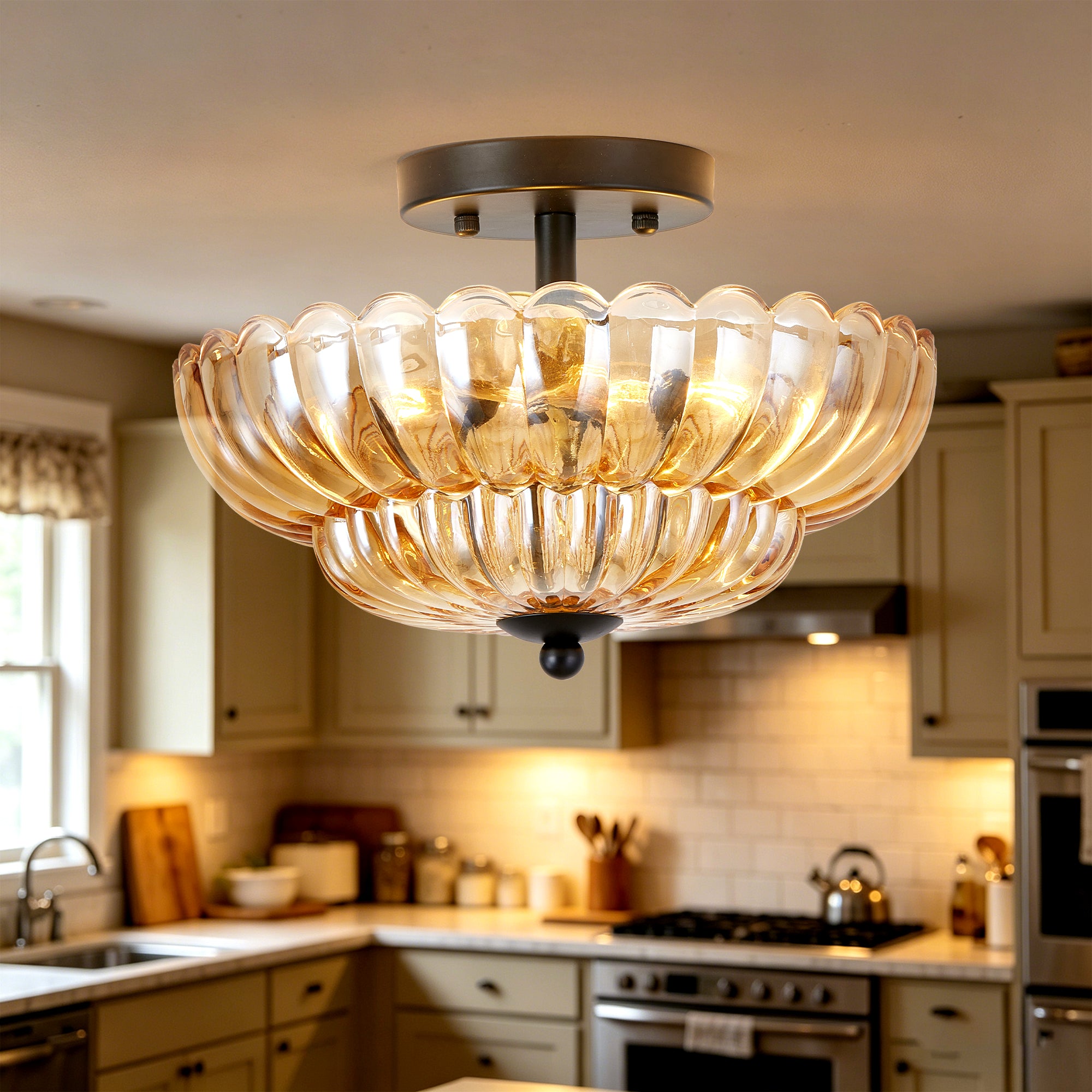 Semi Flush Mount Ceiling Light, Amber Glass Ceiling Light Fixture, 3-B