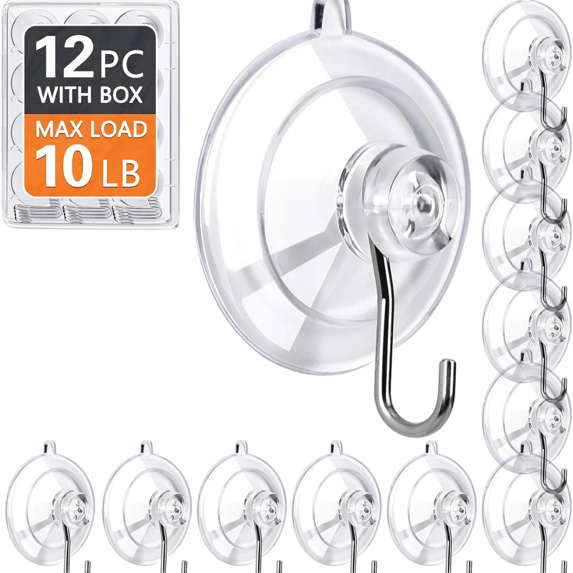 Suction Cup Hooks 12Pack Max Load 10LB Clear Medium Suction Cups No Tr