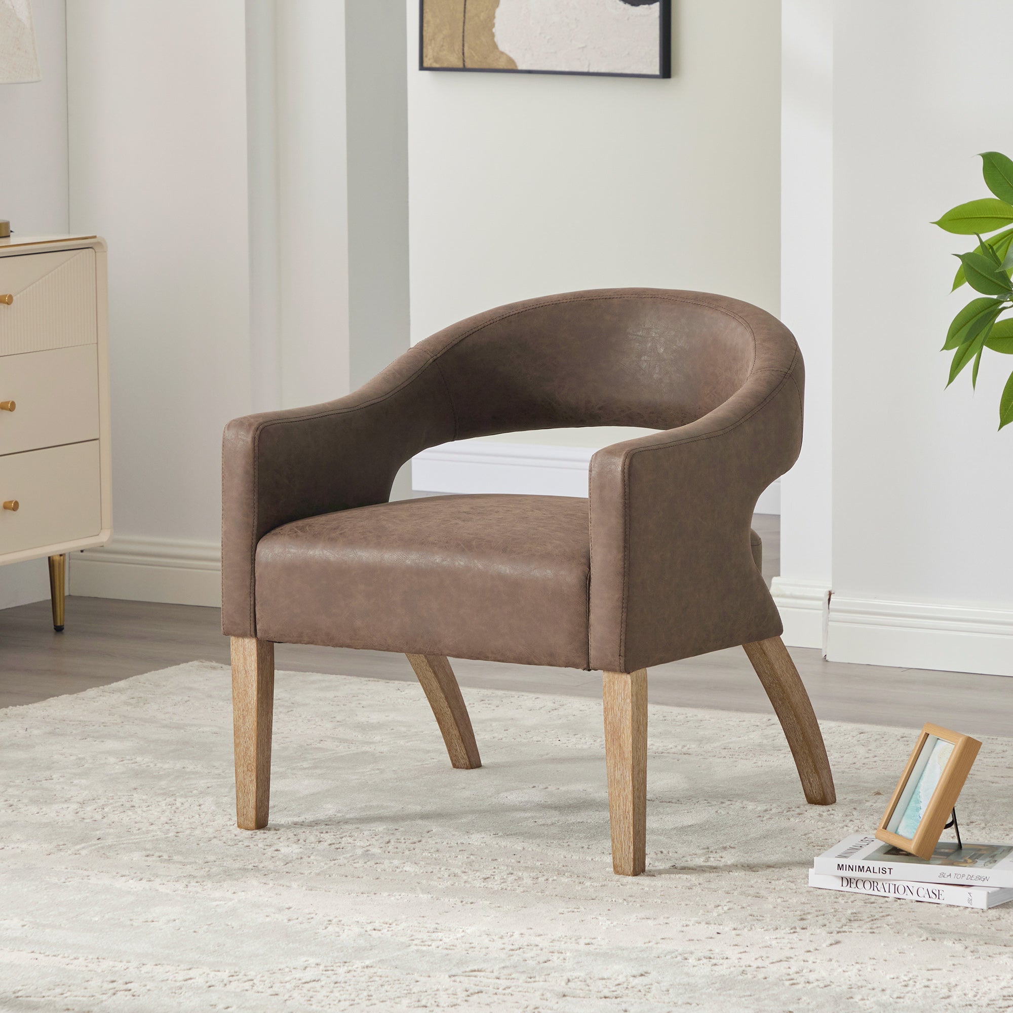 Modern Upholstered PU Open Back Accent Armchair Barrel Dining Chair Wi