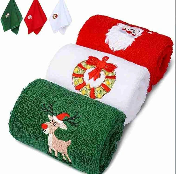 Cotton Hand Towels with Embroidered Holiday Design