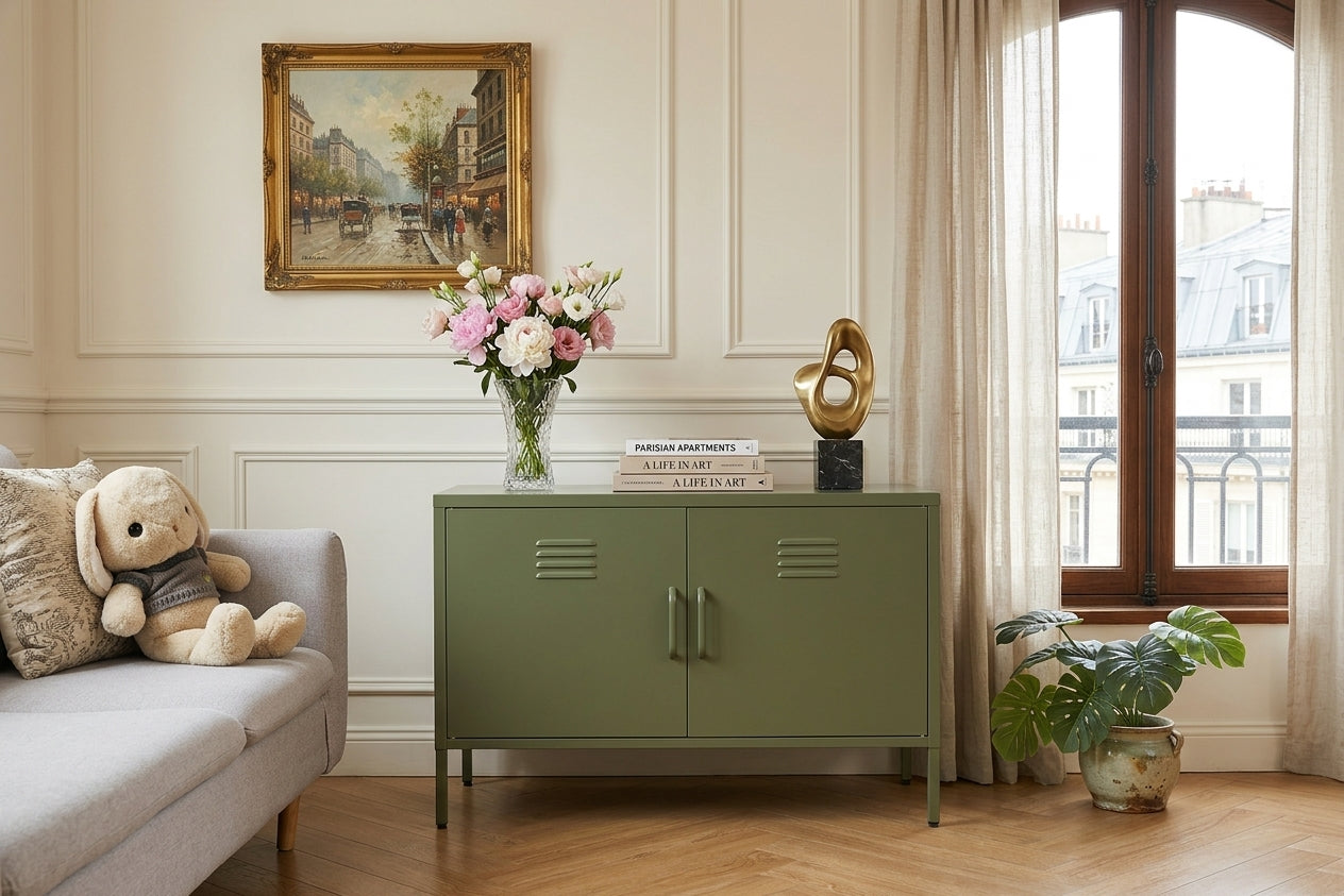 Green 2-Door Wide Metal Storage Cabinet W Legs & Vent, Low Side Cupboa