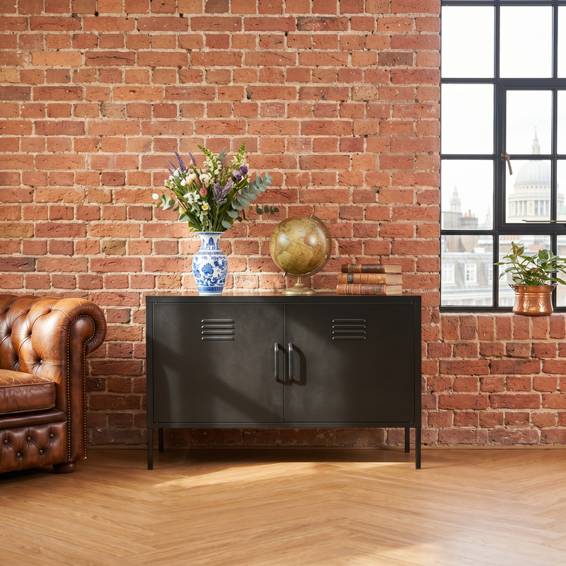 Black 2-Door Wide Metal Storage Cabinet W Legs & Vent, Low Side Cupboa