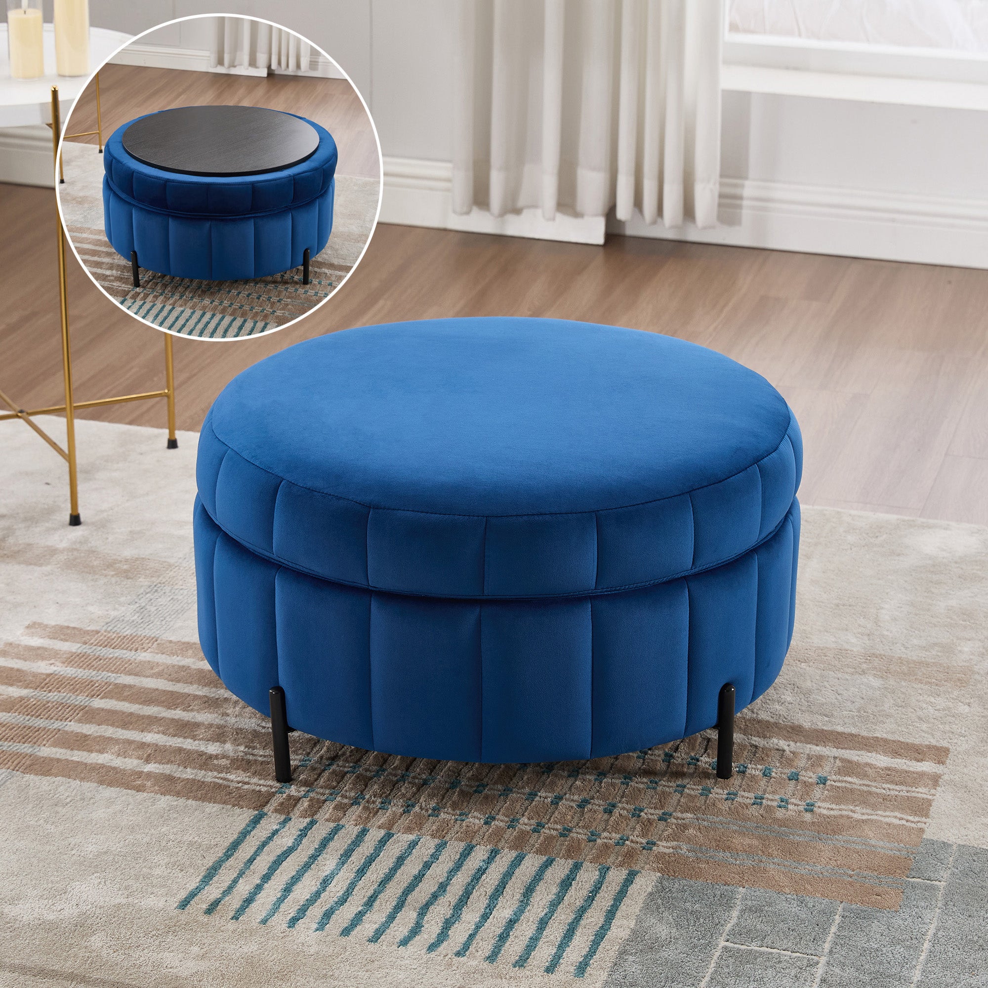 31.5 W Upholstered Round Ottoman With Reversible Lid, Velvet Storage S