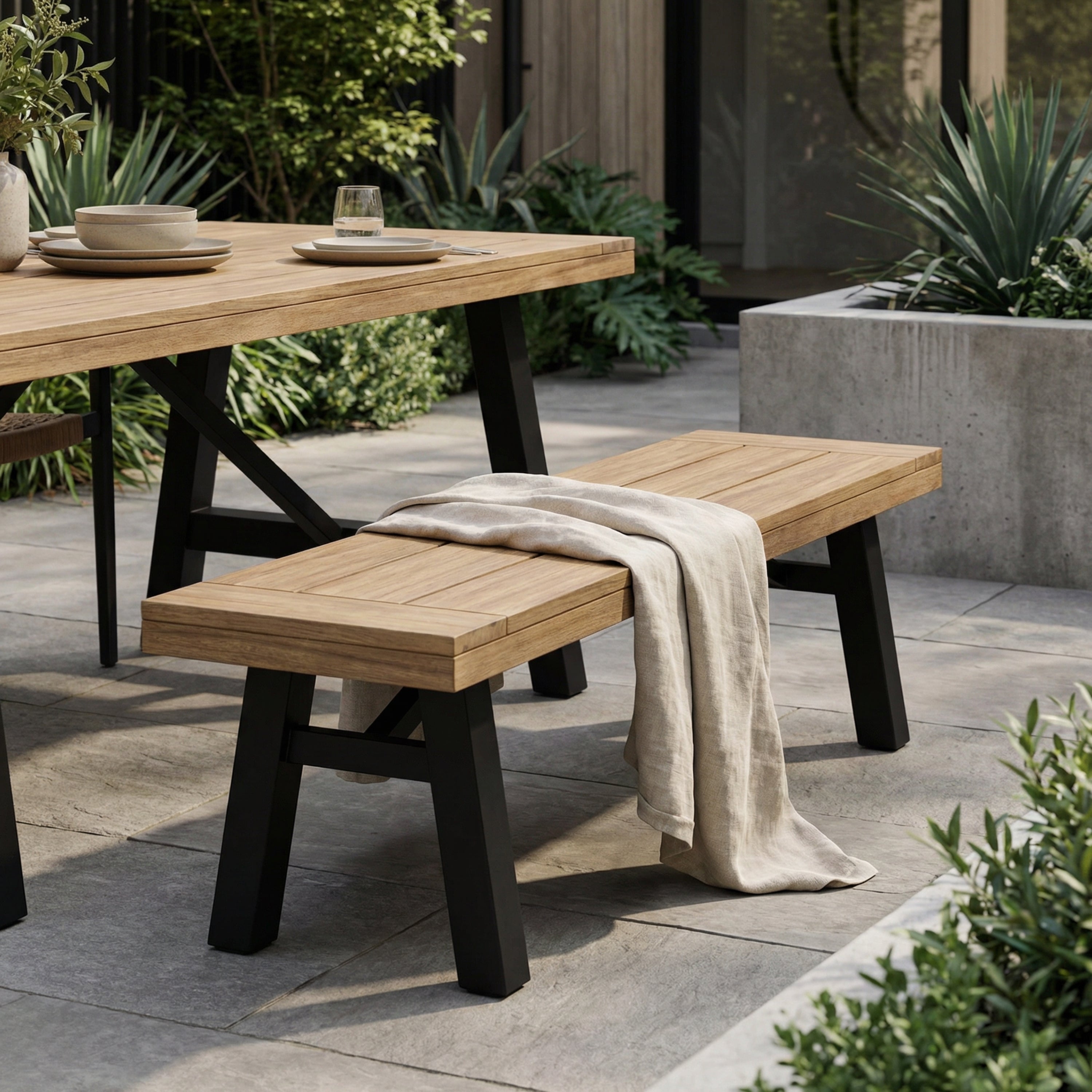 Outdoor Bench With Slat Panel Design And Acacia Wood Frame, Natural An